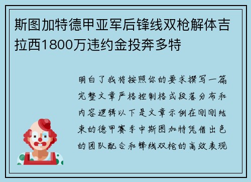 斯图加特德甲亚军后锋线双枪解体吉拉西1800万违约金投奔多特